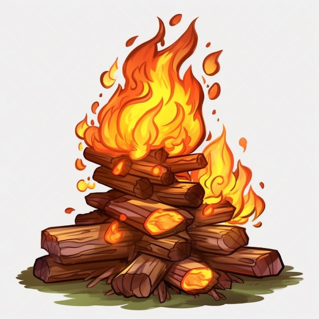 a cartoon fire with logs and flames on a white background generative ai