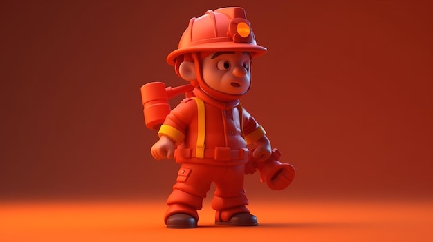 A cartoon fireman wearing a fireman helmet stands in a red background.