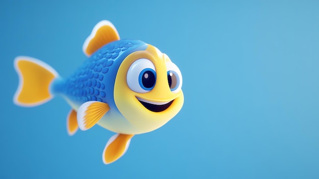 Photo a cartoon fish with big eyes and a big smile swims in the blue water