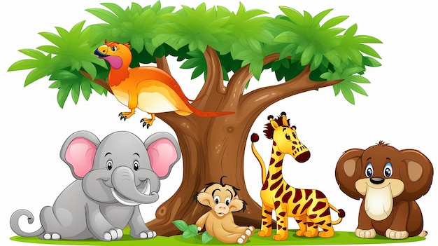 Cartoon five animals playing under the big Tree