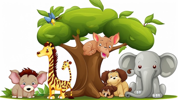 Cartoon five animals playing under the big Tree