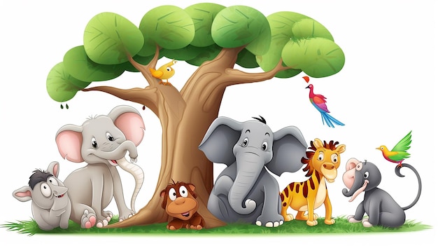 Cartoon five animals playing under the big Tree