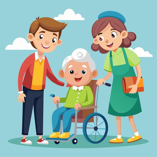 Cartoon Flagger and Boy Helping Grandma in Wheelchair