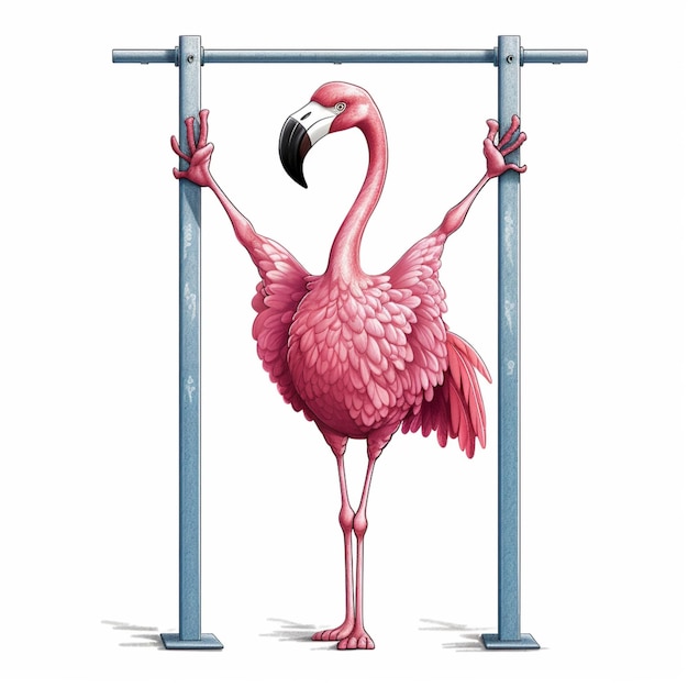 Cartoon flamingo standing on a pole with its arms up generative ai