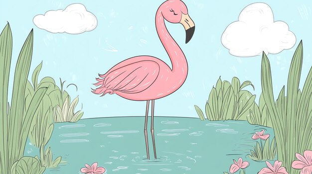 Photo a cartoon flamingo standing in a pond with a blue sky and clouds