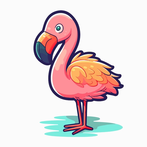 A cartoon flamingo with a pink beak and a yellow beak is standing on a white background.