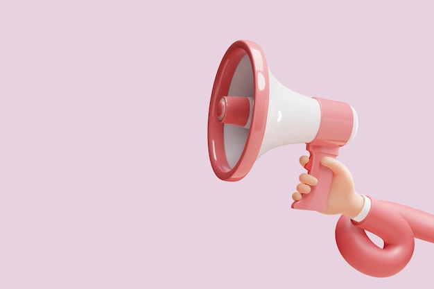 Cartoon flexible hand holding megaphone on pink background with copy space. 3d illustration