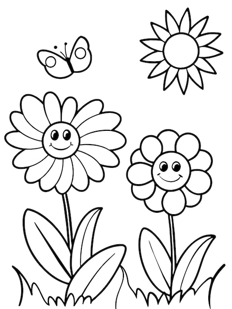 Photo cartoon flower black and white drawing white background coloring picture