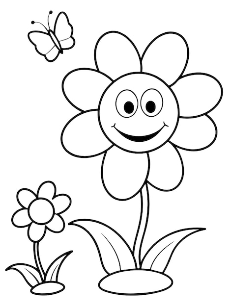 Photo cartoon flower black and white drawing white background coloring picture