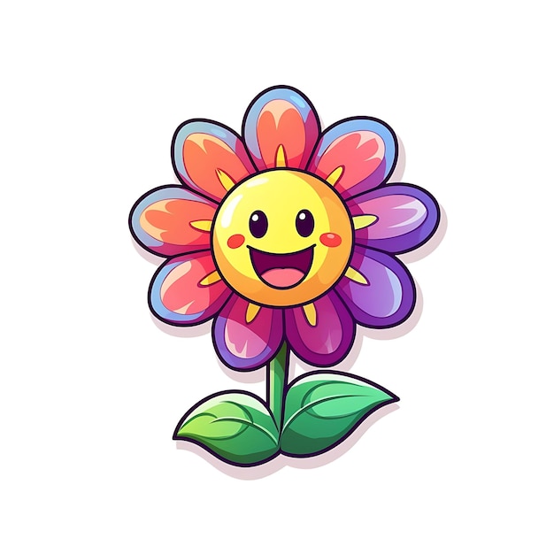 Photo cartoon flower with a happy face and green leaves