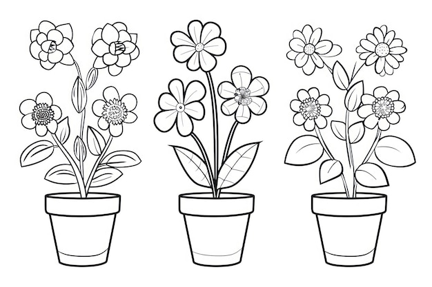 Photo cartoon flowers in a pot coloring book for children