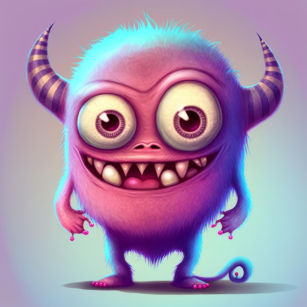 A cartoon of a fluffy monster with horns and a purple tail.