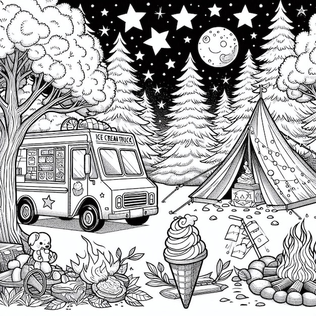 a cartoon of a food truck with a camper on the front