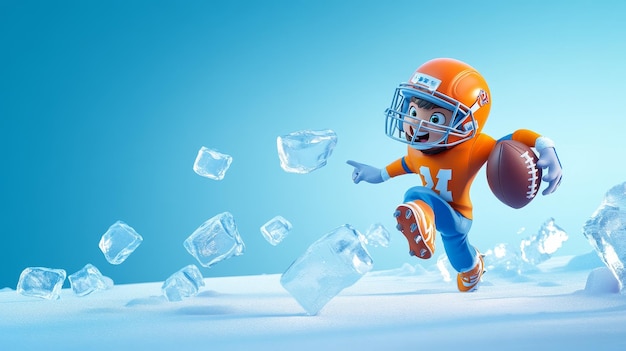 Photo a cartoon football player runs on a field of ice with excitement and determination symbolizing