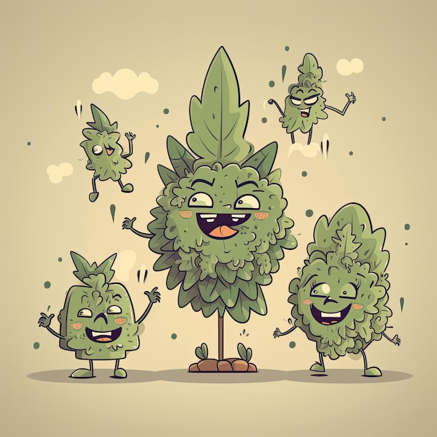 A cartoon of four leafy plants with the words " happy " on the bottom.