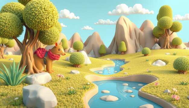 Cartoon fox in a 3D landscape with a river