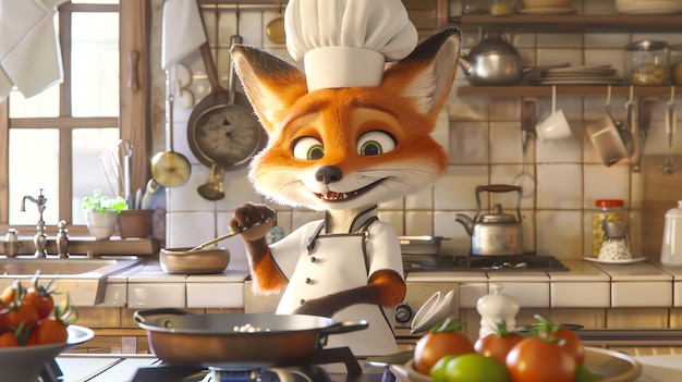 Photo a cartoon fox chef smiles as he cooks in the kitchen