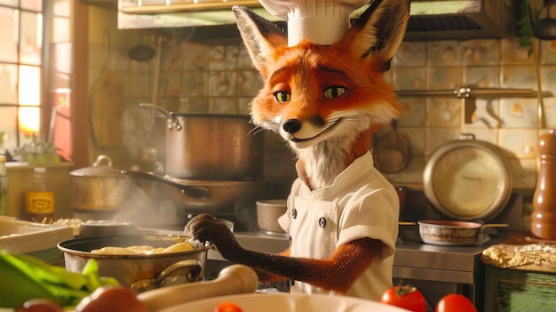 A cartoon fox chef stirs a pot on a stove in a kitchen