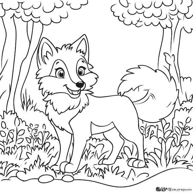 a cartoon of a fox in a forest with trees and bushes