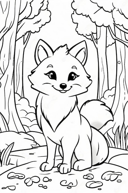 a cartoon fox is standing in a forest and looking at the camera