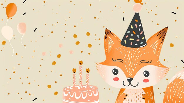 Photo a cartoon fox in a party hat smiles next to a birthday cake