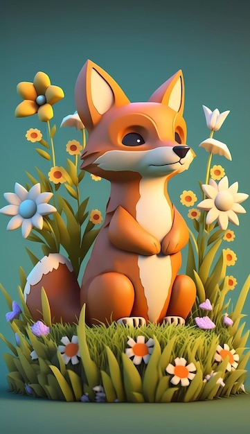 A cartoon fox sits in a field of flowers.