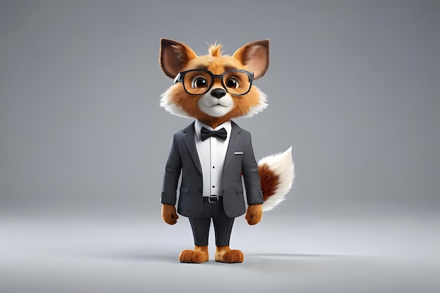 Cartoon fox in a suit and tie with glasses 3D illustration of a clever and sophisticated fox mascot Concept of business finance and insurance