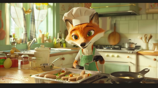 A cartoon fox wearing a chefs hat and apron prepares a meal in a kitchen