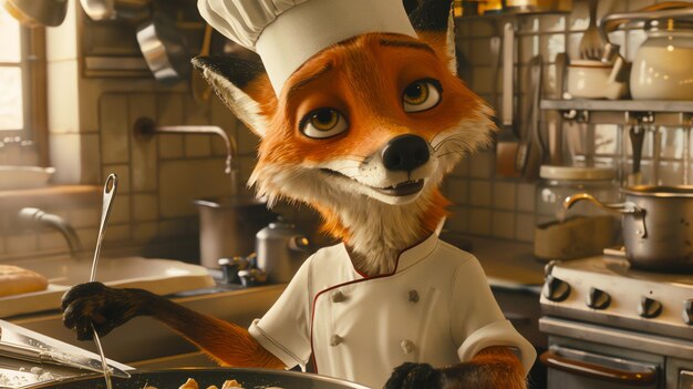 A cartoon fox wearing a chefs hat and apron stirs food in a pan looking directly at the camera