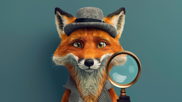 Photo a cartoon fox wearing a hat and a coat with a magnifying glass in one paw stares intently at the viewer