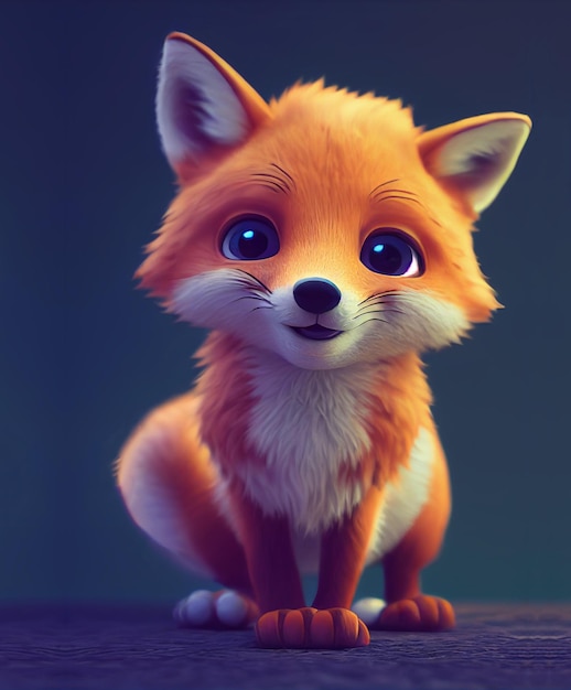 A cartoon fox with big eyes sits on a table.