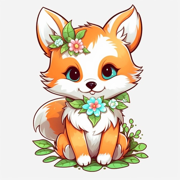 A cartoon fox with a flower in its mouth sitting on the ground generative ai