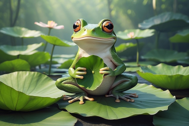 Photo cartoon frog holding lotus leaf