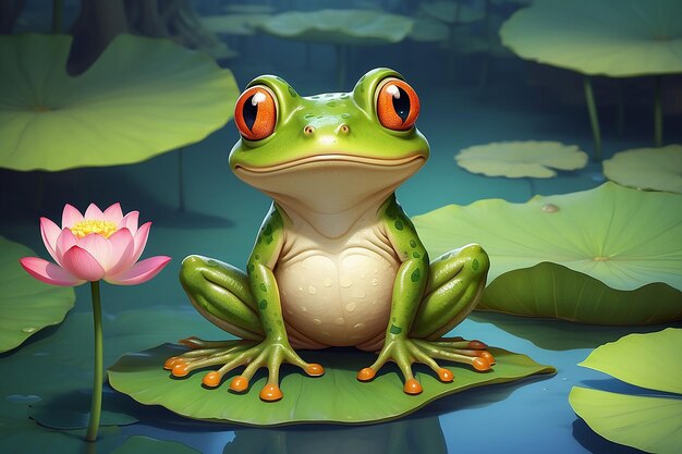 Photo cartoon frog holding lotus leaf