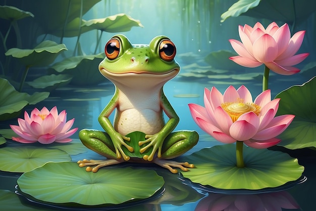 Photo cartoon frog holding lotus leaf