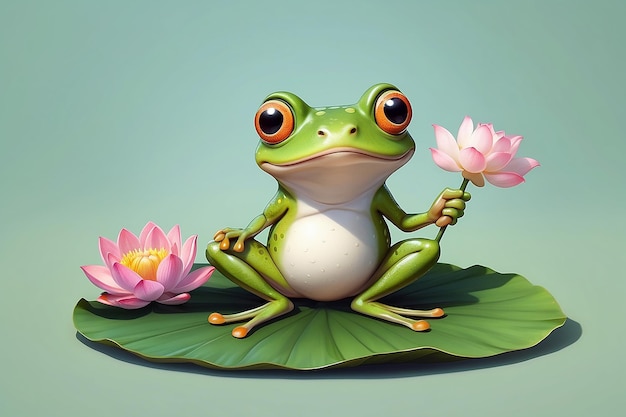 Photo cartoon frog holding lotus leaf