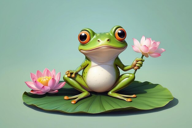 Photo cartoon frog holding lotus leaf