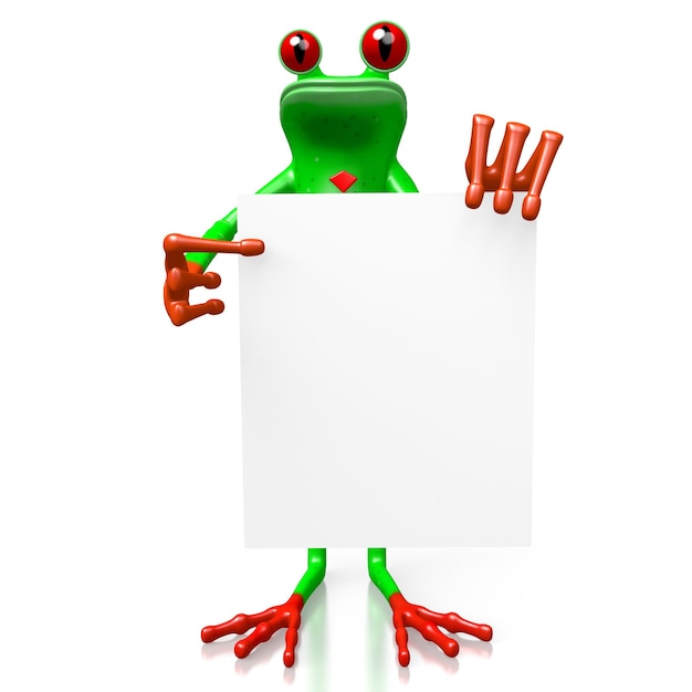 Cartoon frog holds empty white board