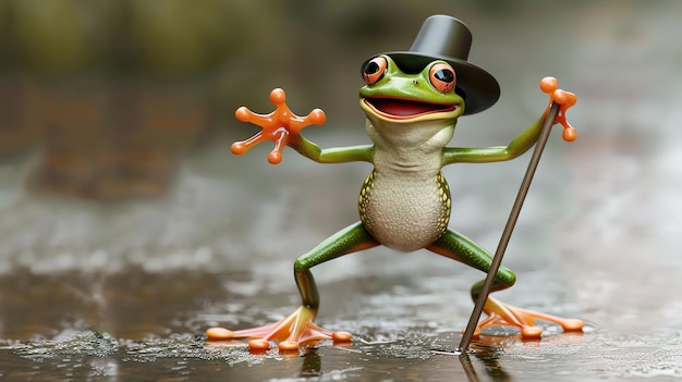 A cartoon frog in a top hat and holding a walking stick looking happy and playful