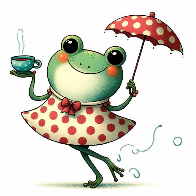 Photo a cartoon frog with a cup of coffee and a polka dot umbrella