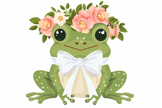 Photo cartoon frog with flower crown sitting on the ground generative ai