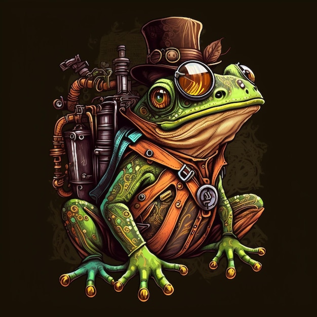 A cartoon frog with a steampunk hat and glasses.