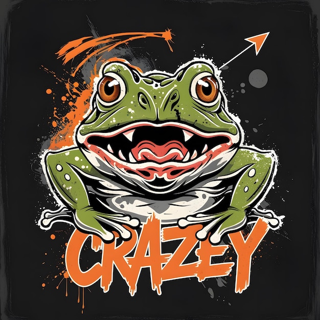 a cartoon frog with the word crazy on it