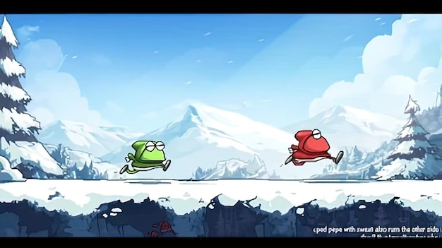 Photo a cartoon of frogs and a red frog are flying over a snowy mountain