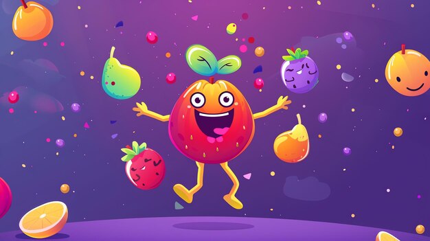 Photo cartoon fruit characters on a purple background