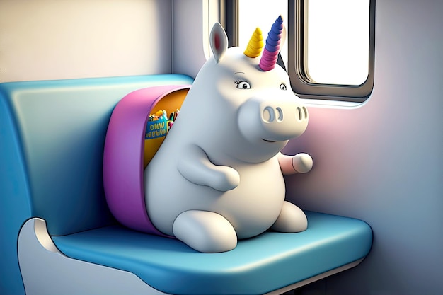 Cartoon funny fat unicorn character seat in train