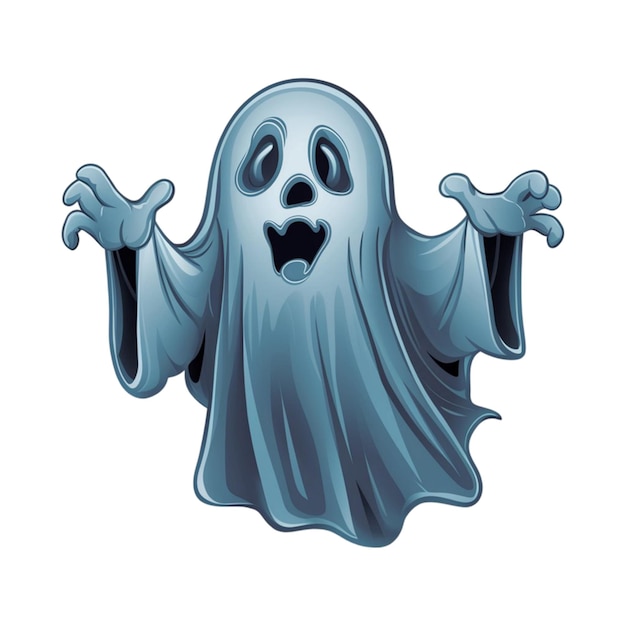 Cartoon ghost with a friendly smile and outstretched arms isolated on white background