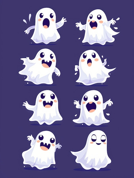 Cartoon ghosts with various facial expressions