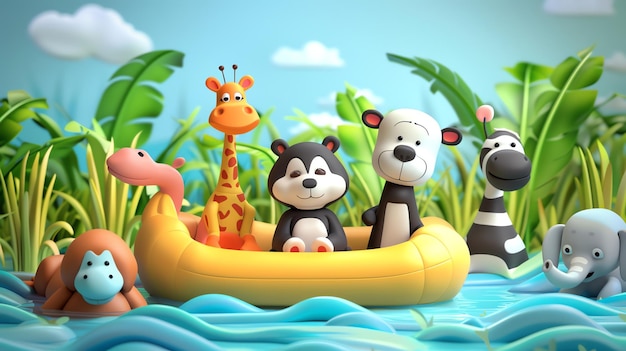 A cartoon giraffe bear zebra and elephant ride a raft down a river