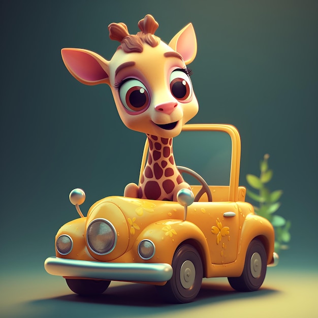 A cartoon of a giraffe driving a yellow car